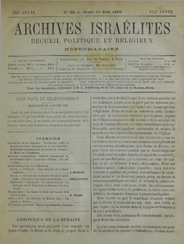 Archives israélites de France. Vol.41 N°25 (17 juin 1880)
